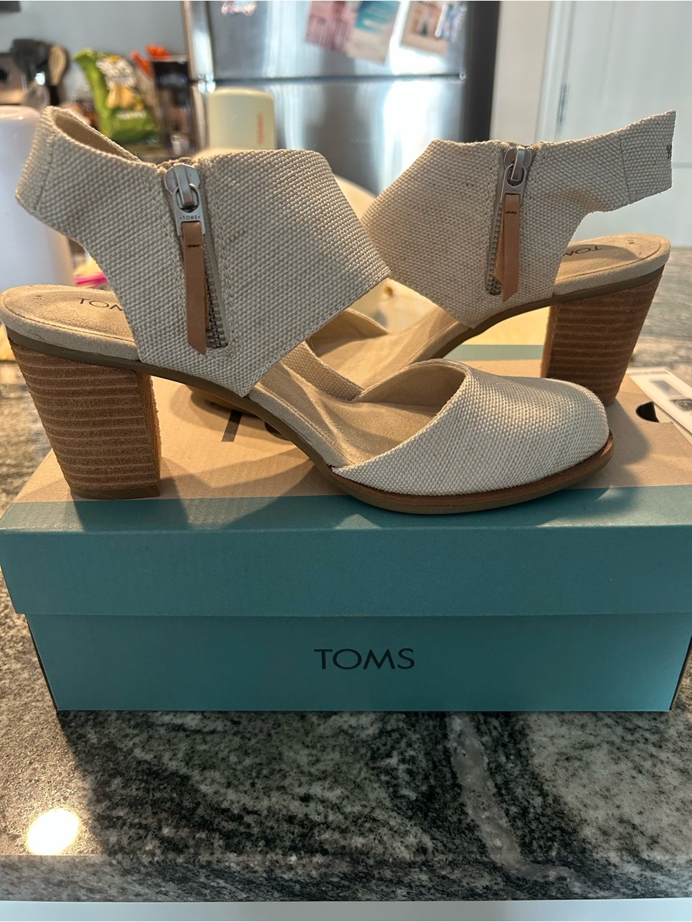 TOMS Cream Canvas Block Heel Sandals with Side Zipper